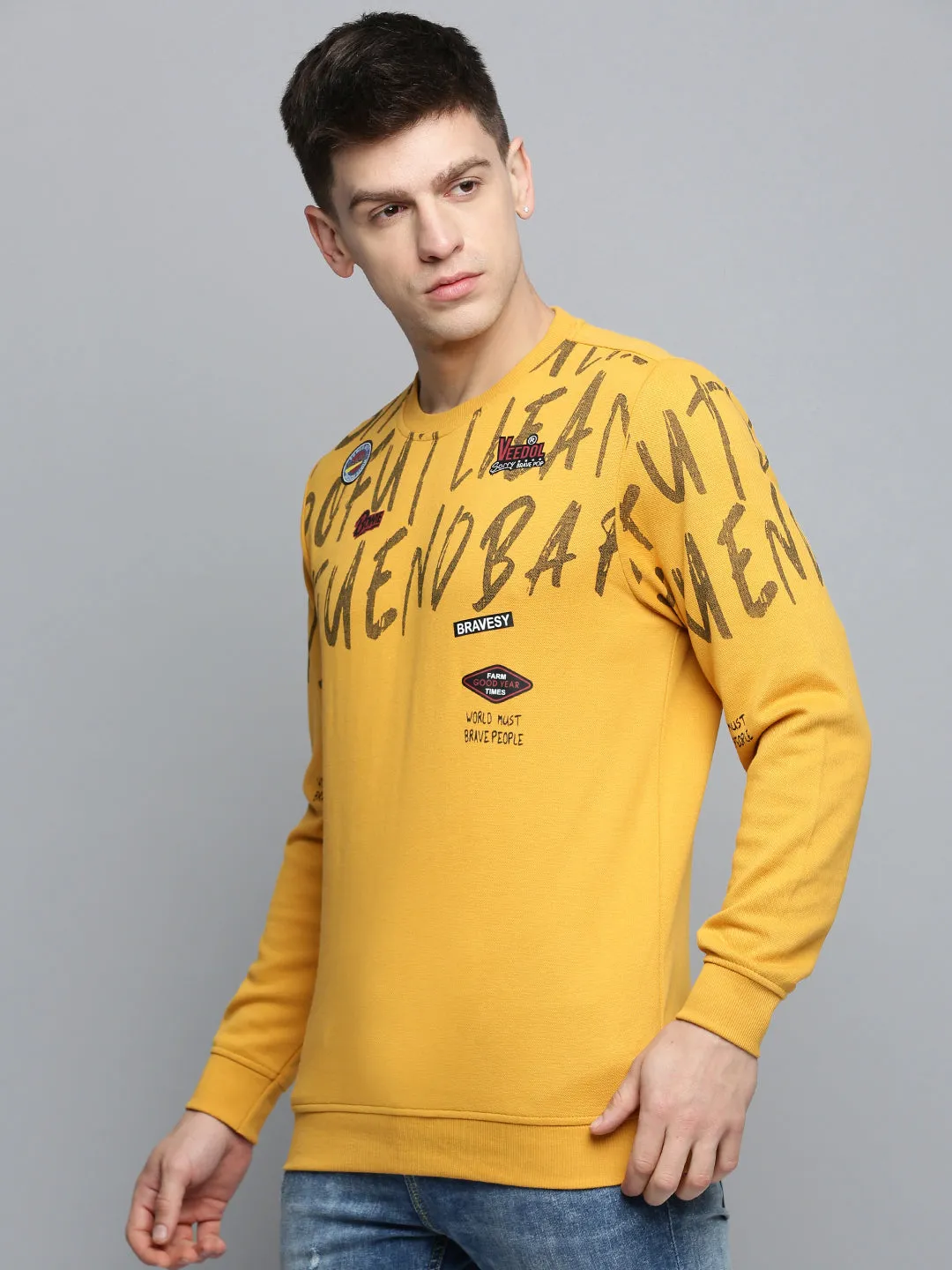 Men's Yellow Typography Printed Cotton Sweatshirt Hiking wear
