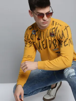 Soft Wear Men's Yellow Typography Printed Cotton Sweatshirt