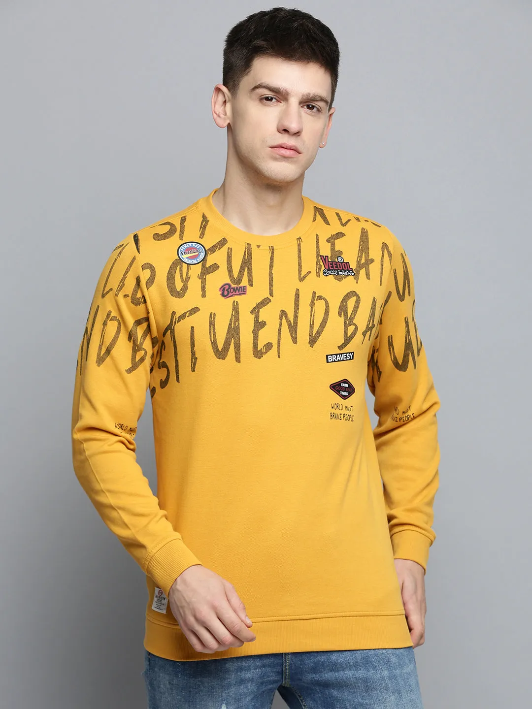 Men's Yellow Typography Printed Cotton Sweatshirt Casual Fit Cozy Coverage