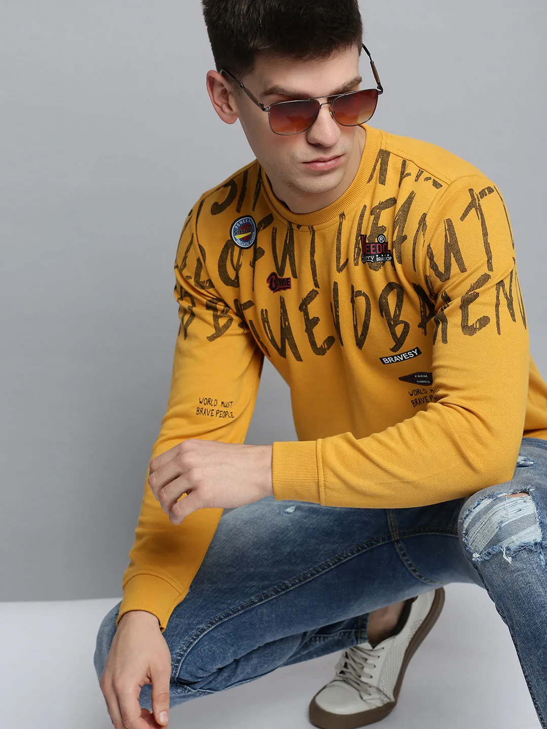 Soft Wear Men's Yellow Typography Printed Cotton Sweatshirt