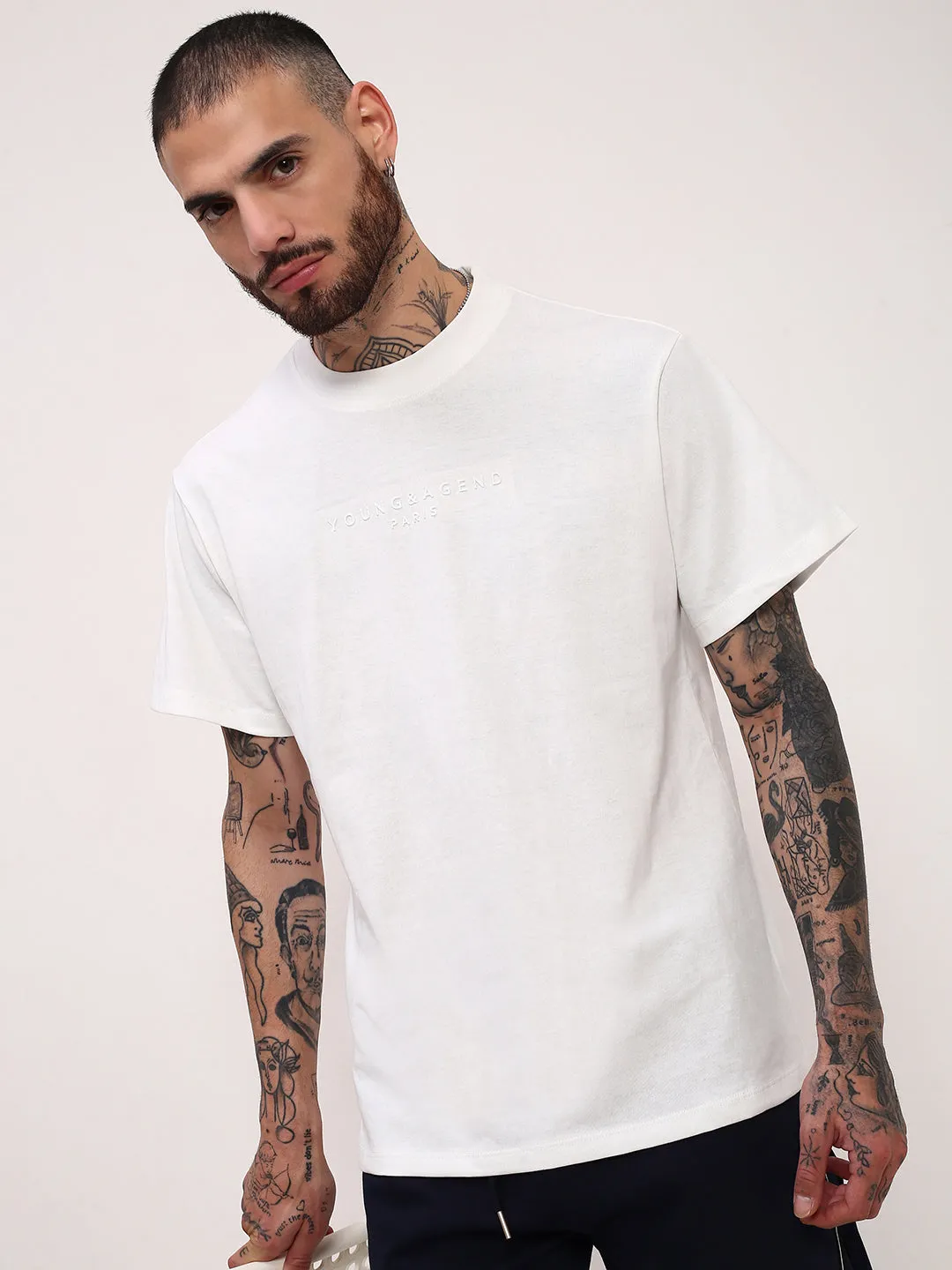 Men's White Solid Typography Embossed Relaxed Fit Cotton T-Shirt Lounge Style