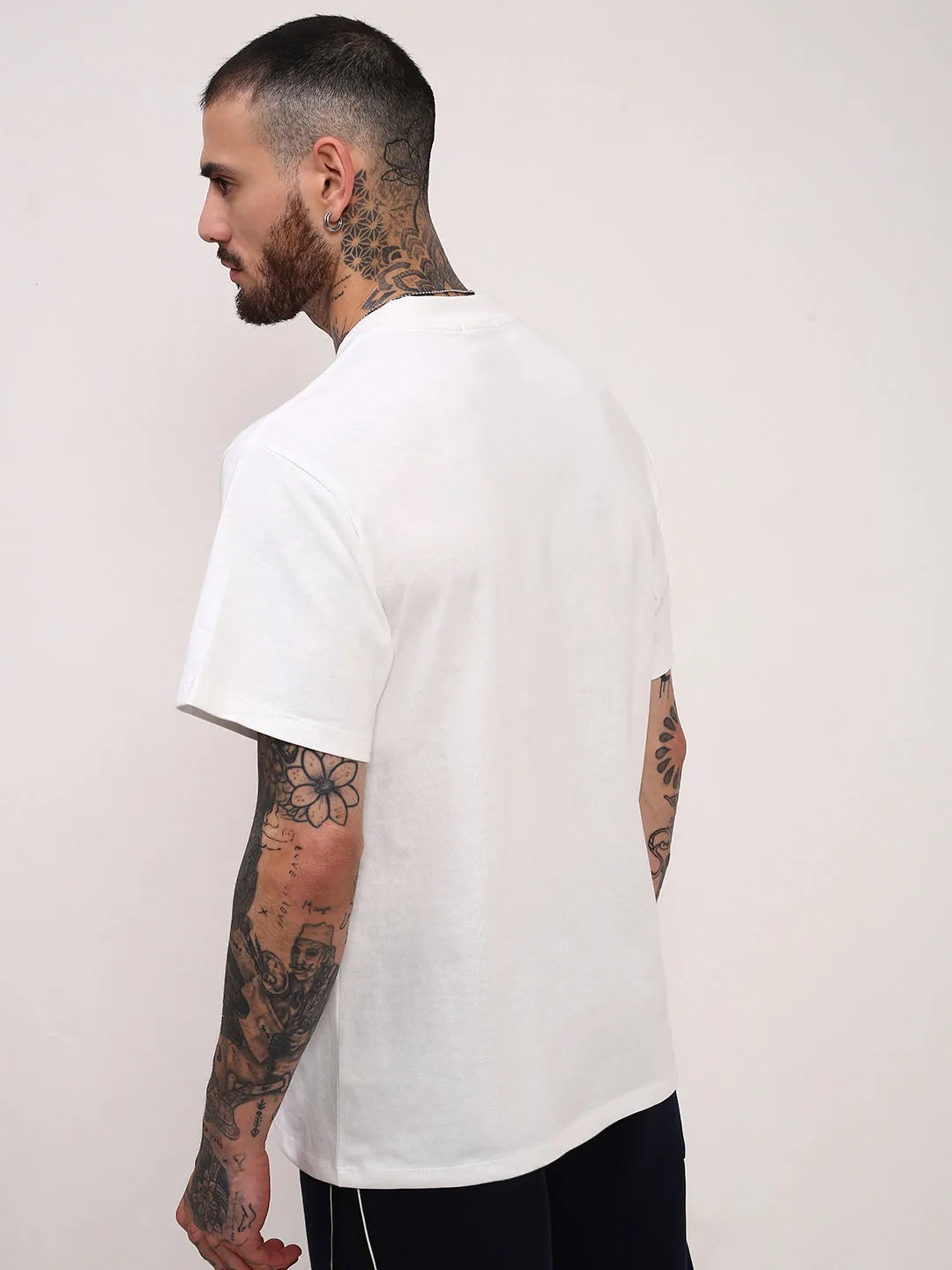 Soft Texture Corduroy Men's White Solid Typography Embossed Relaxed Fit Cotton T-Shirt