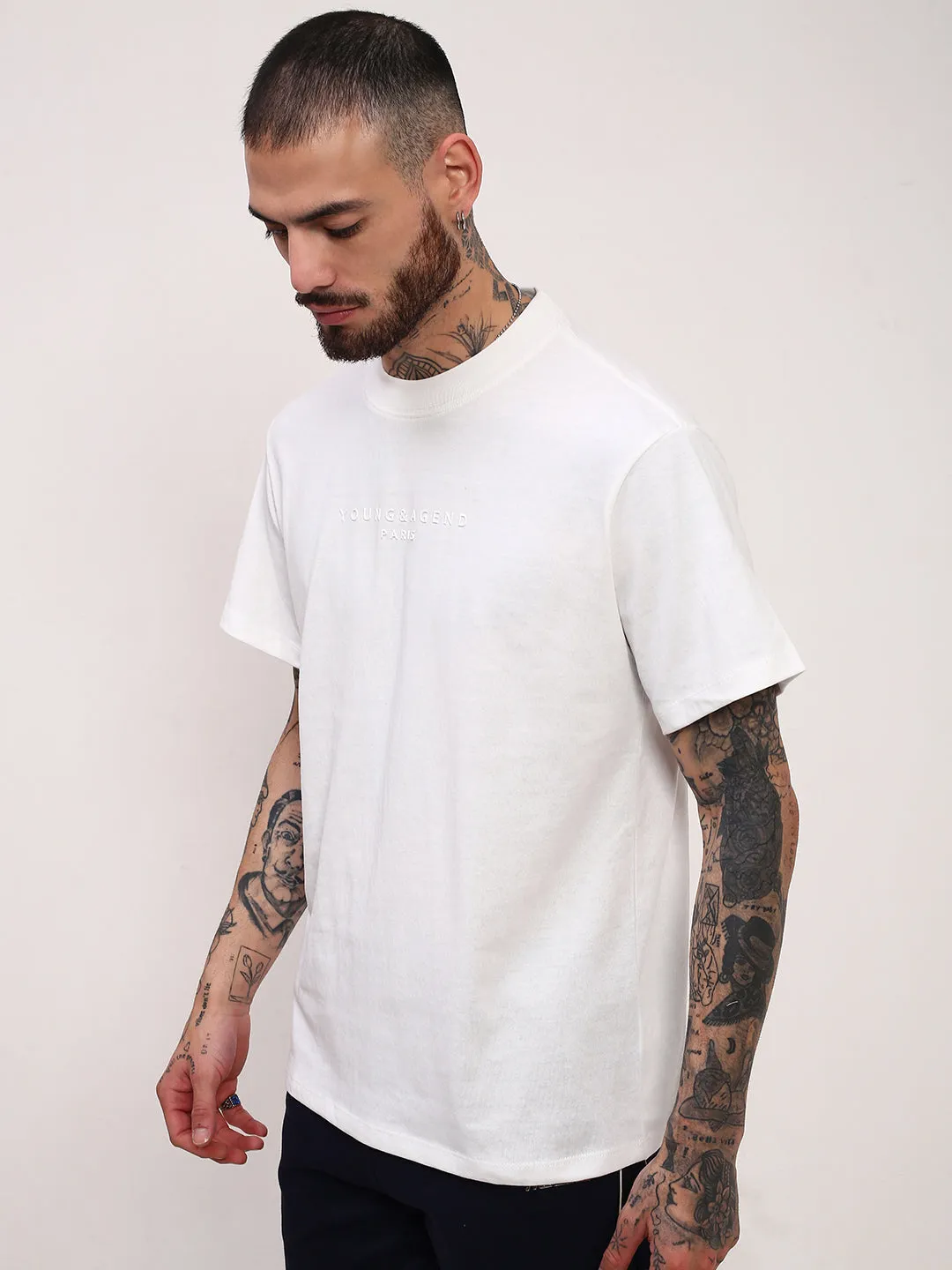 Men's White Solid Typography Embossed Relaxed Fit Cotton T-Shirt product rating Modern Bold