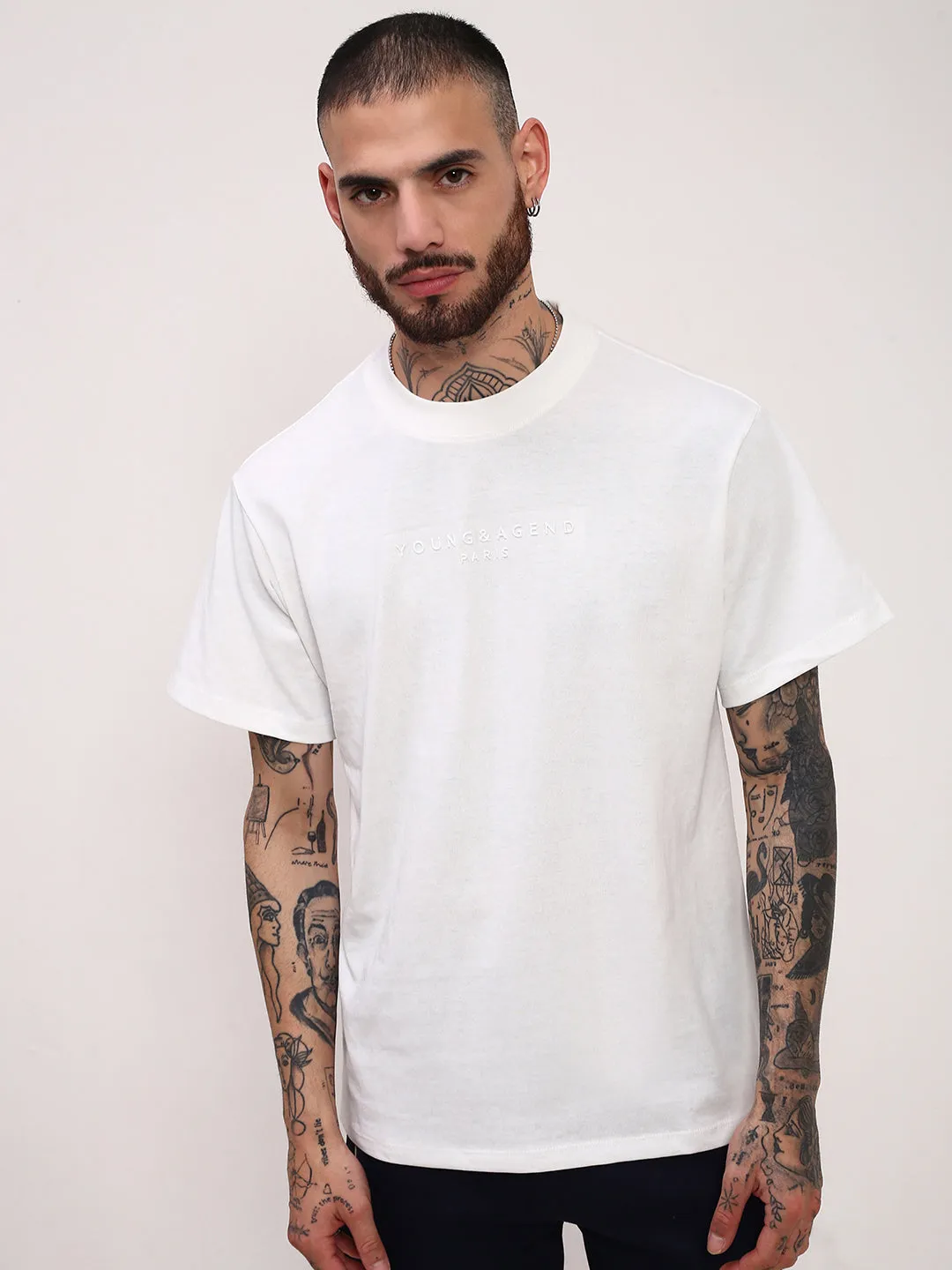 All Season Wear product twill durability Men's White Solid Typography Embossed Relaxed Fit Cotton T-Shirt