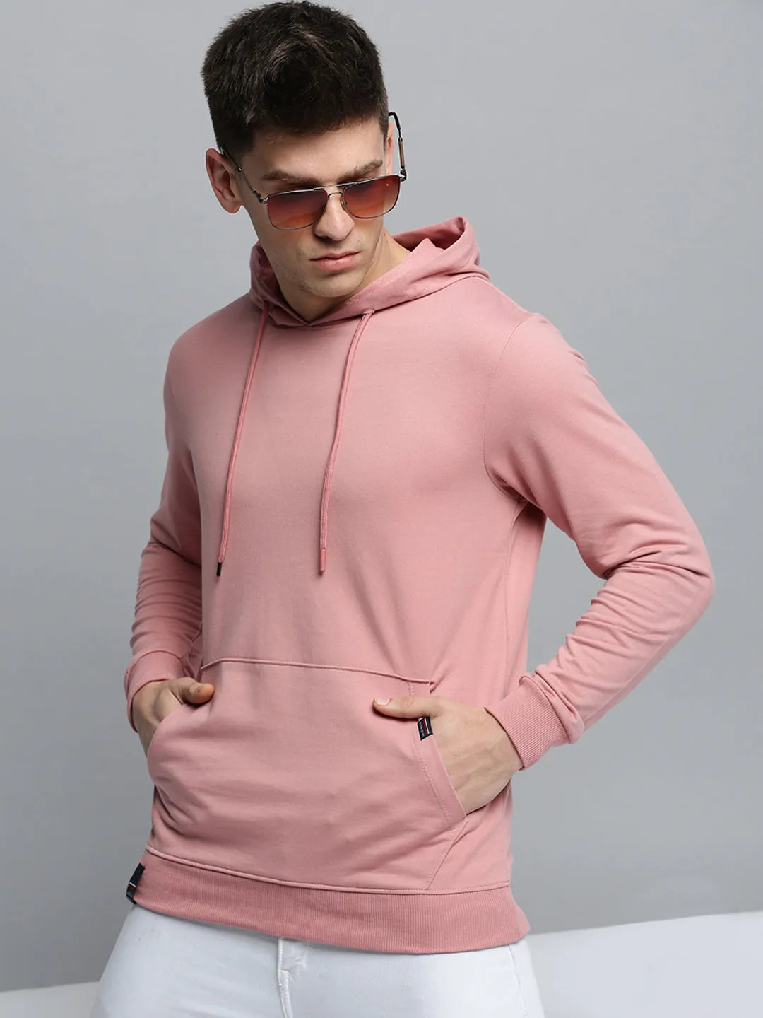 Simple Wear Men's Pink Hooded Pullover Cotton Sweatshirt