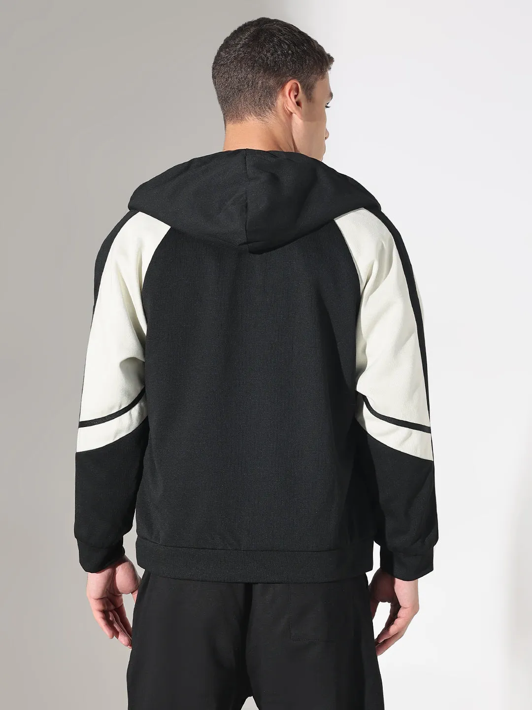 product herringbone texture Men's Typography Black Slim Fit Hoodie with Zip