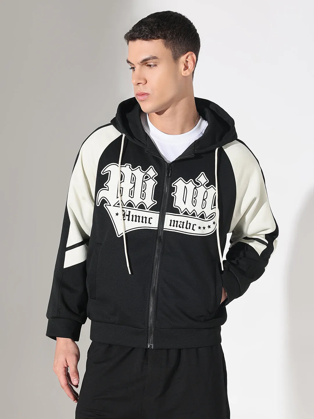 Seasonal Fashion Men's Typography Black Slim Fit Hoodie with Zip