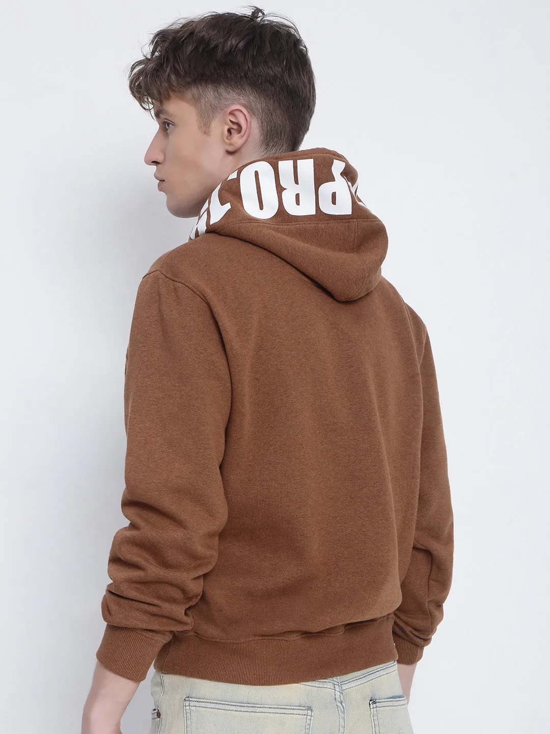Geometric Print Men's Brown Sweatshirt with Printed Hoodie