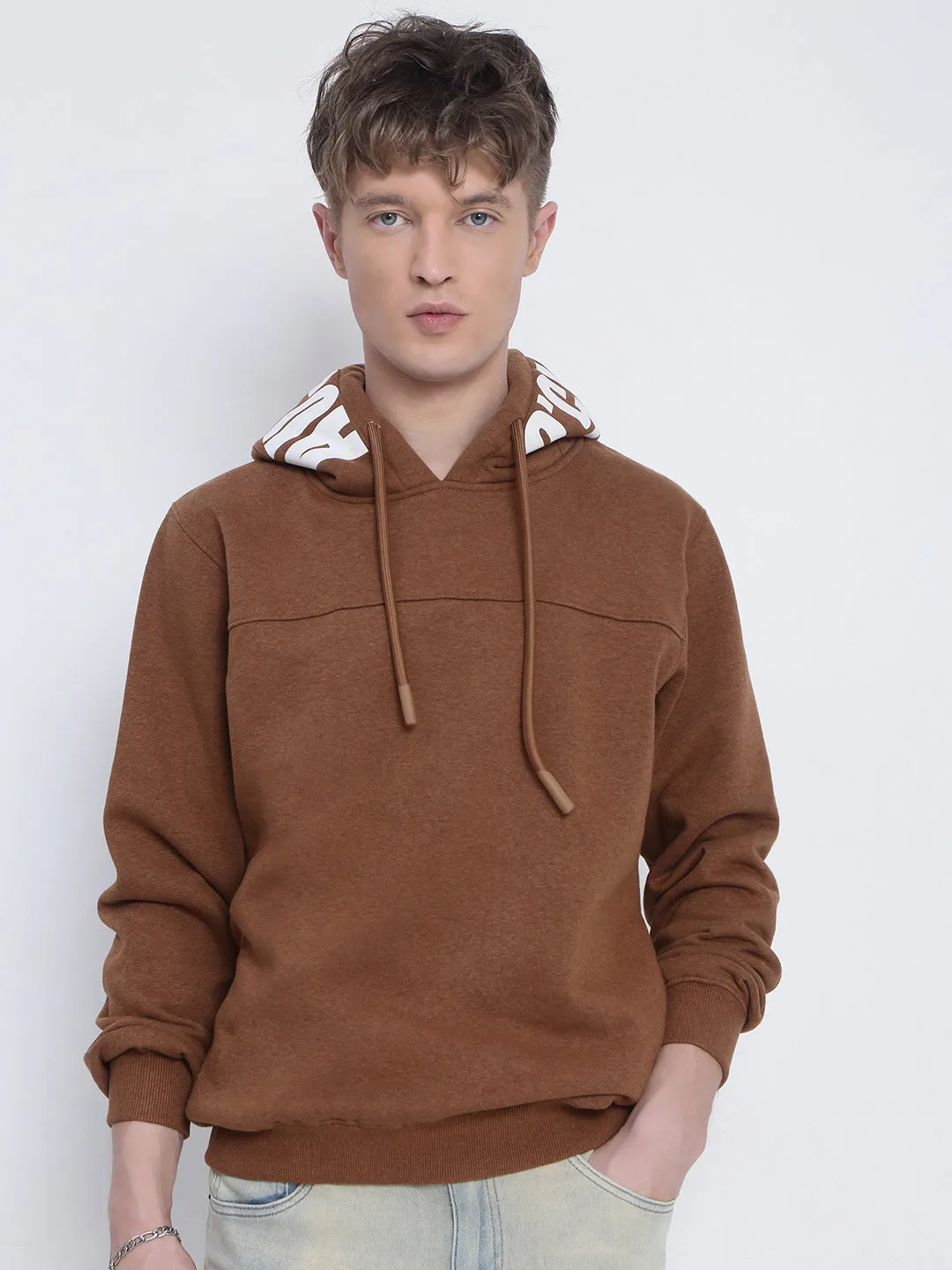 Men's Brown Sweatshirt with Printed Hoodie color fast