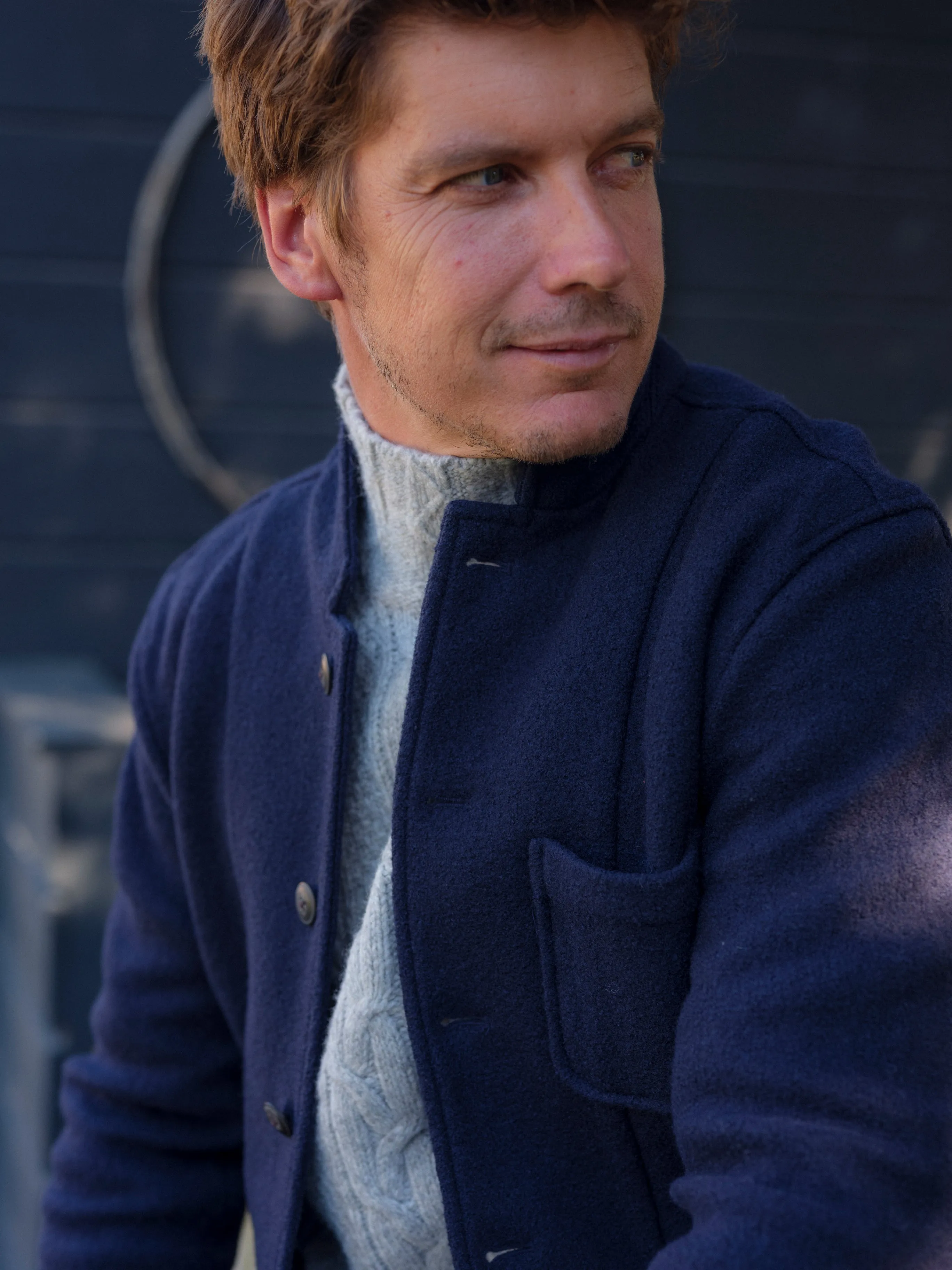 Classic Zip Up Burnham Knitted Wool Blazer - Navy