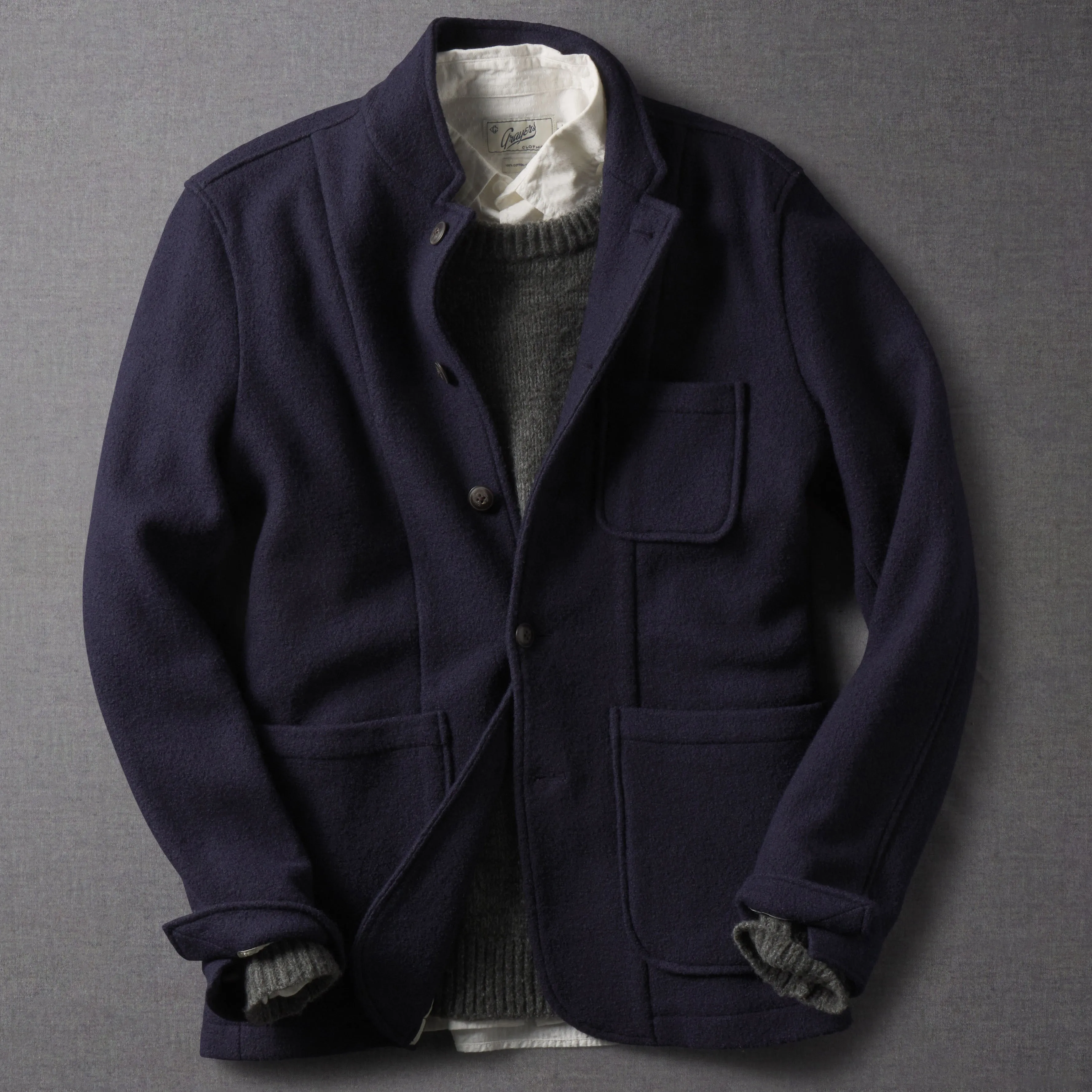 Casual Fit Silhouette Burnham Knitted Wool Blazer - Navy