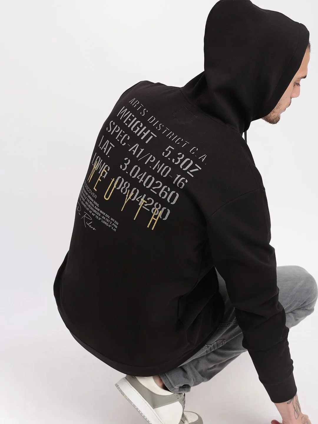 Scoop neck product tassel movement Men's Black Graphic Hoodie