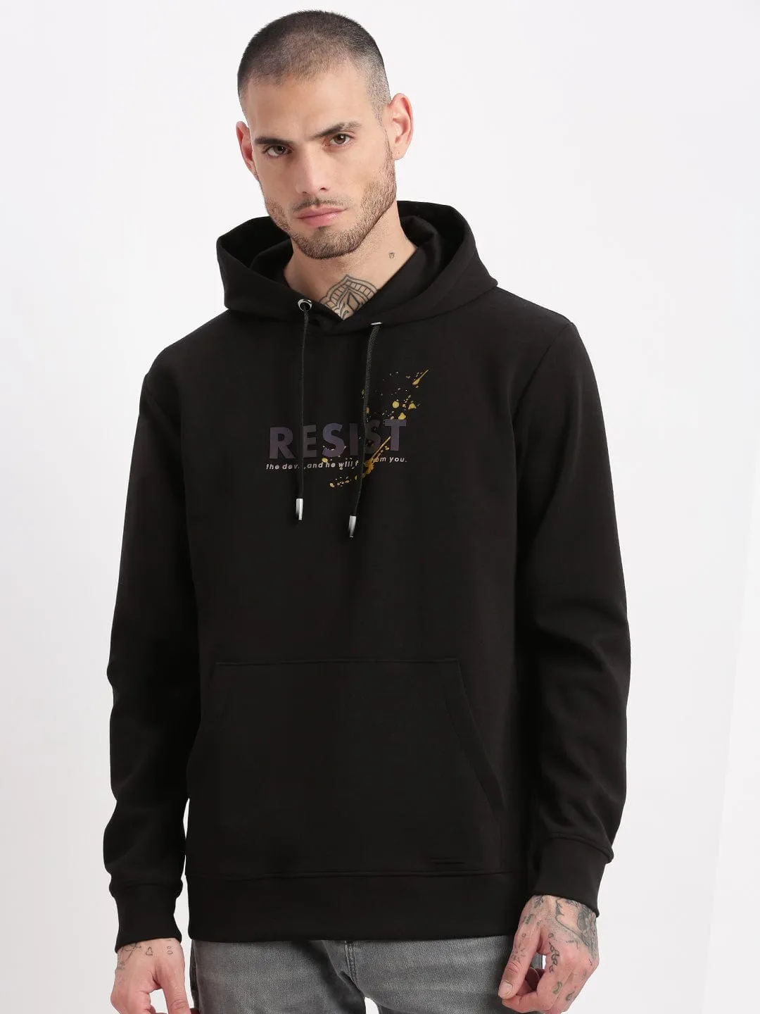Sporty Wearable Men's Black Graphic Hoodie