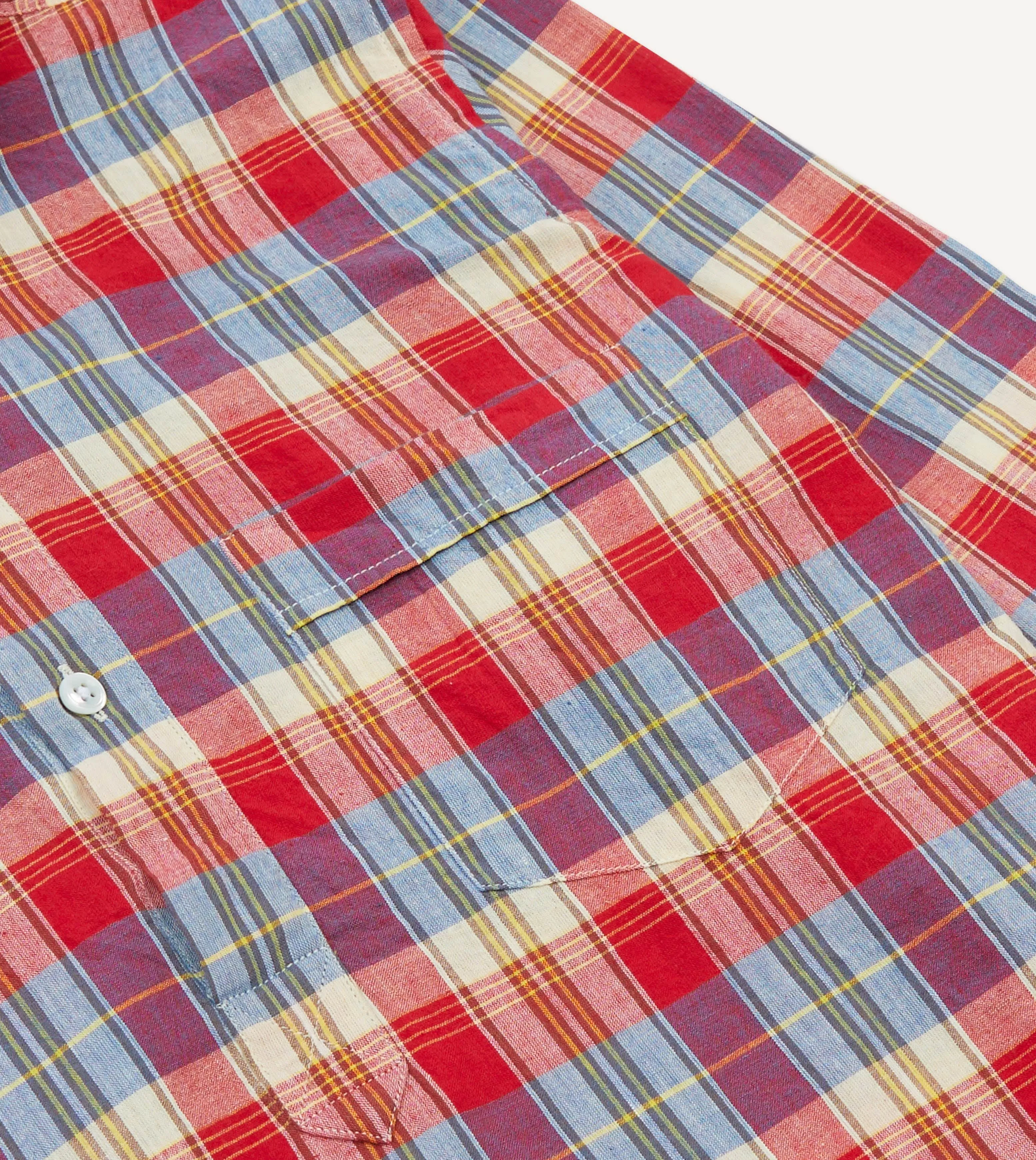 Red and Blue Madras Check Cotton Button-Down Popover Shirt Smooth Jersey Texture
