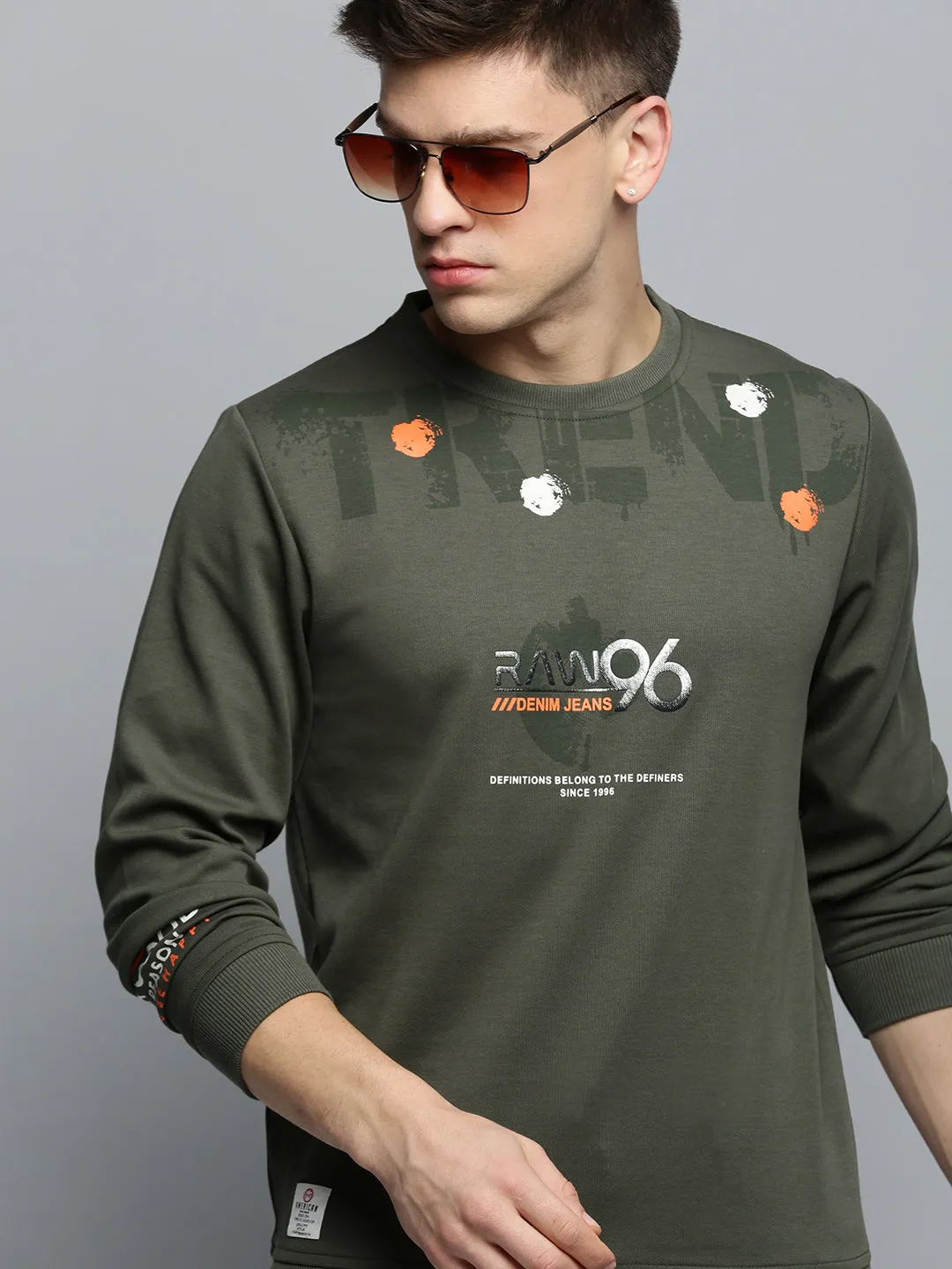 Men's Olive Typography Printed Pullover Sweatshirt Warm Comfort Side Pockets