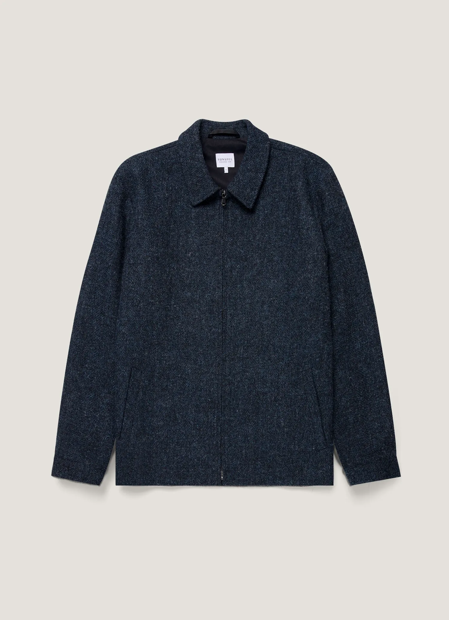 Men's Harris Tweed Harrington Jacket in Blue Herringbone Lightweight Lining Fleece Lined Interior