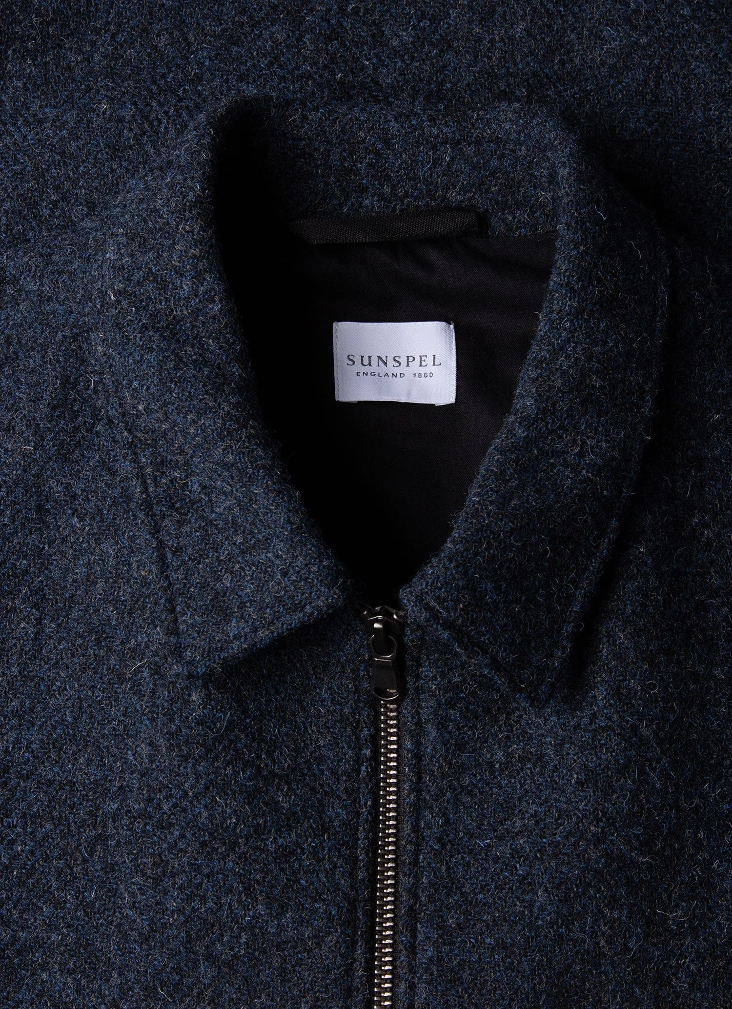 Men's Harris Tweed Harrington Jacket in Blue Herringbone Double Buttons