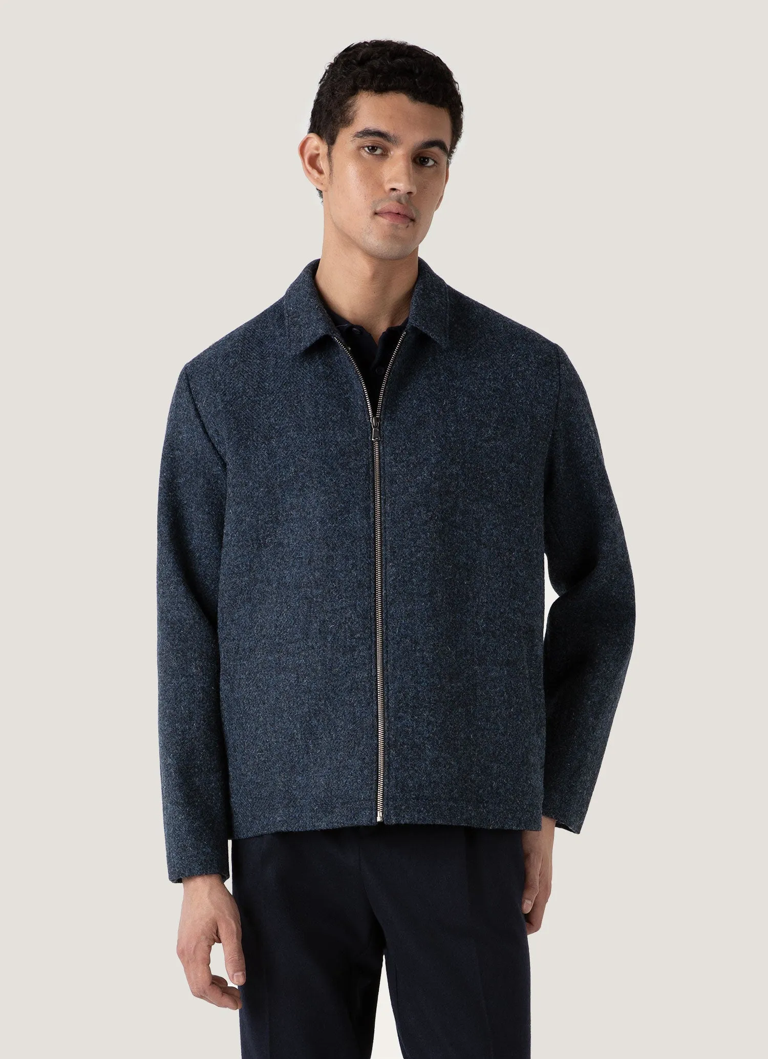 Oversized Fit City Layer Style Men's Harris Tweed Harrington Jacket in Blue Herringbone