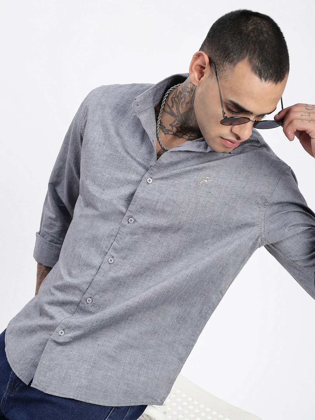 TactileStitching Chic Edge Men's Grey Premium Spread Collar Solid Linen Casual Shirt