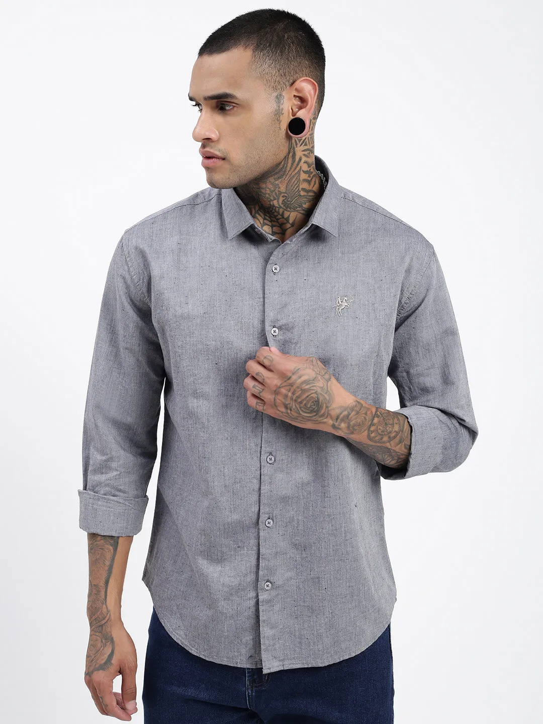 Men's Grey Premium Spread Collar Solid Linen Casual Shirt Luxury Apparel