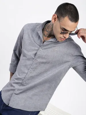 TactileStitching Chic Edge Men's Grey Premium Spread Collar Solid Linen Casual Shirt