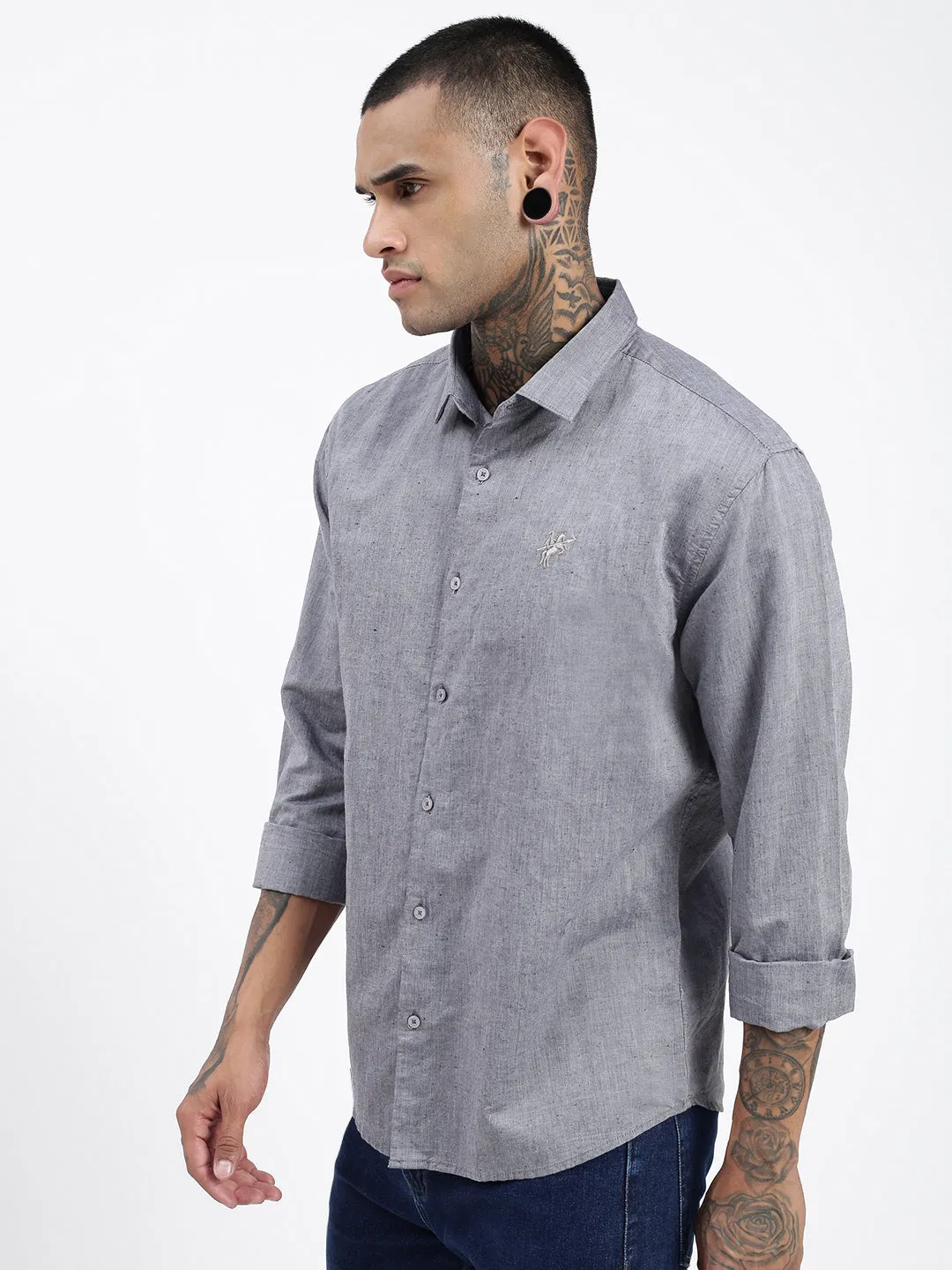 Men's Grey Premium Spread Collar Solid Linen Casual Shirt Modular Attachment System Fantasy Mood