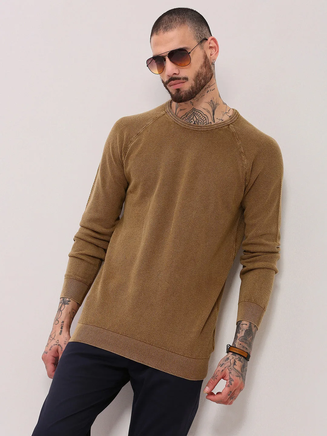 Men's Brown Solid Sweater Winter Travel Minimal Vibe