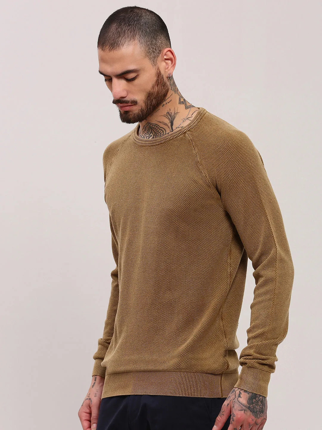 Tencel Blend Material Casual Layer Men's Brown Solid Sweater