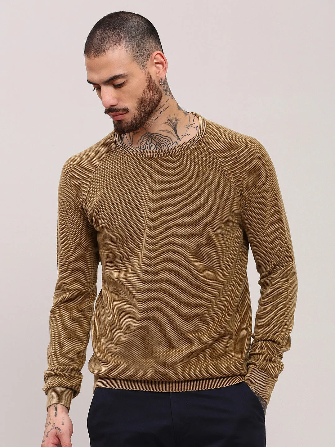 Men's Brown Solid Sweater Layer Option DoubleLayered Hem