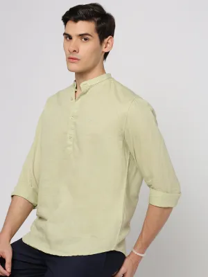 Men's Sea Green Band Collar Linen Straight Shirt quick dry