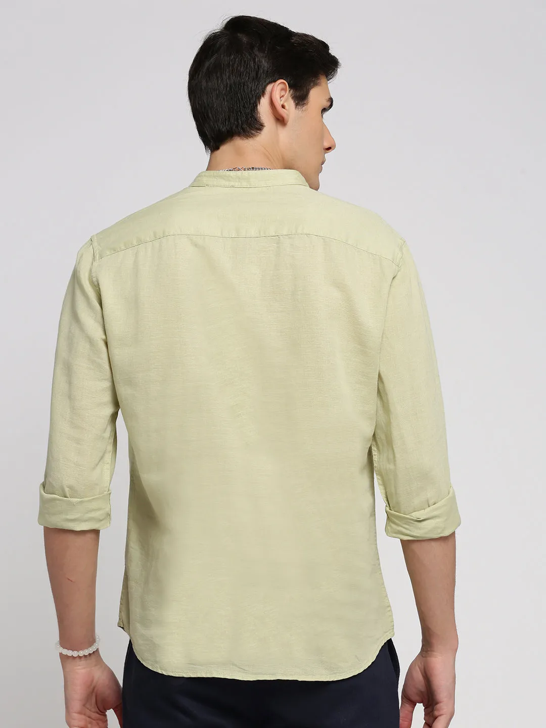 Easy Wash Flash Core Men's Sea Green Band Collar Linen Straight Shirt
