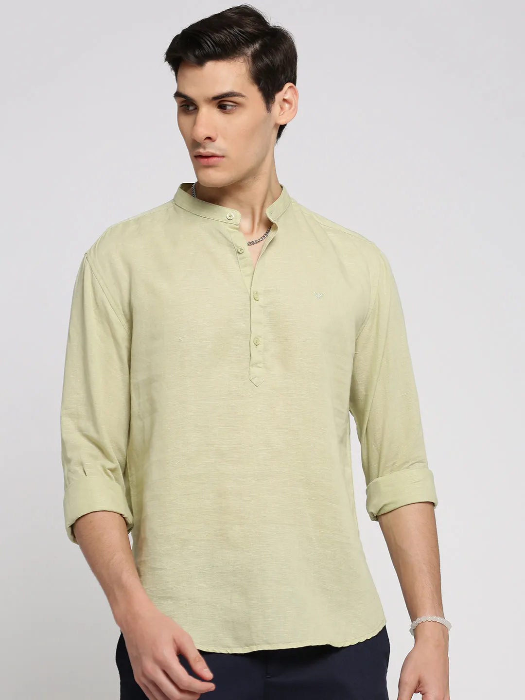 LayeredPaneling Loose Thread Men's Sea Green Band Collar Linen Straight Shirt