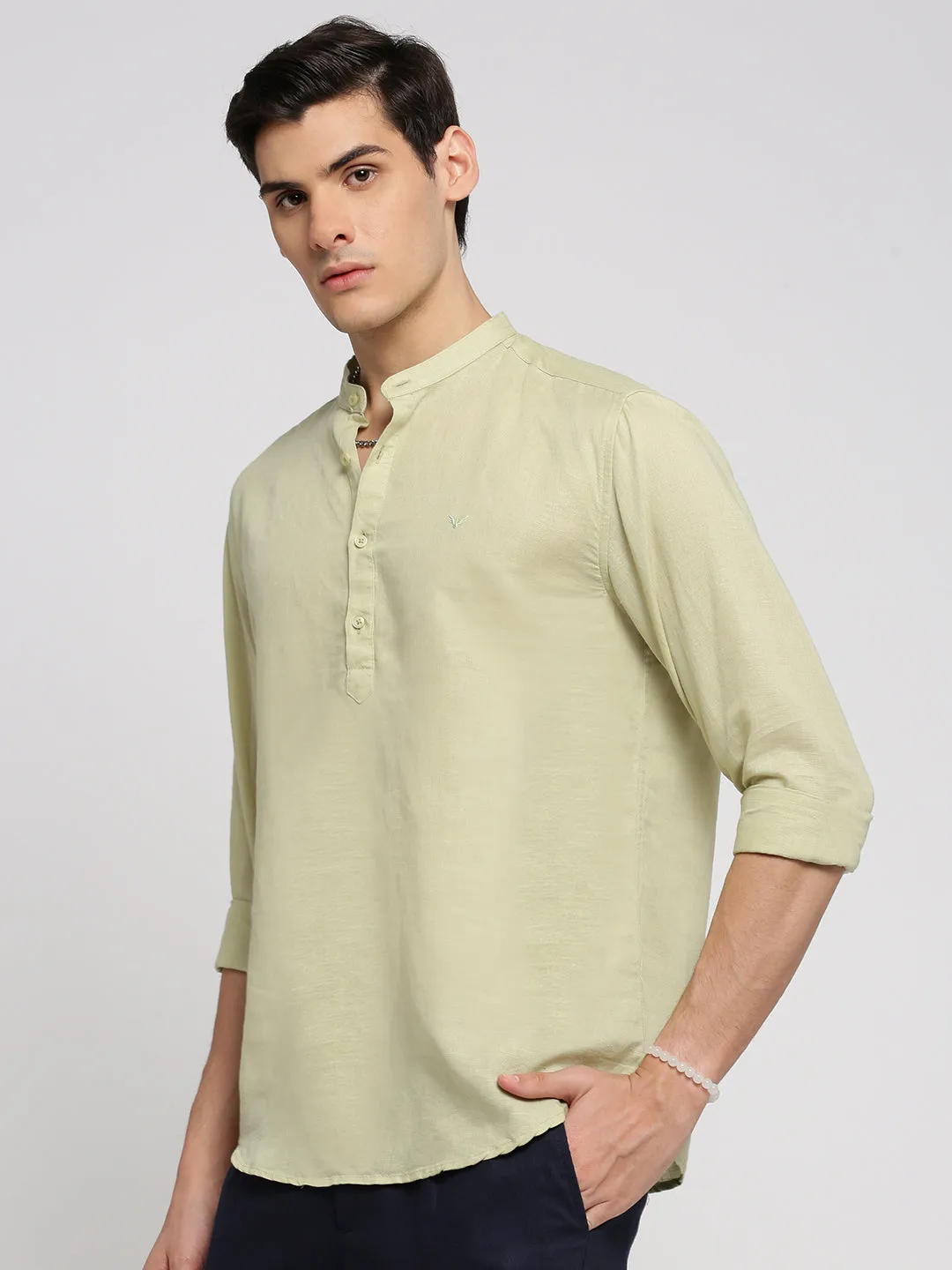 Men's Sea Green Band Collar Linen Straight Shirt Cyber Glow
