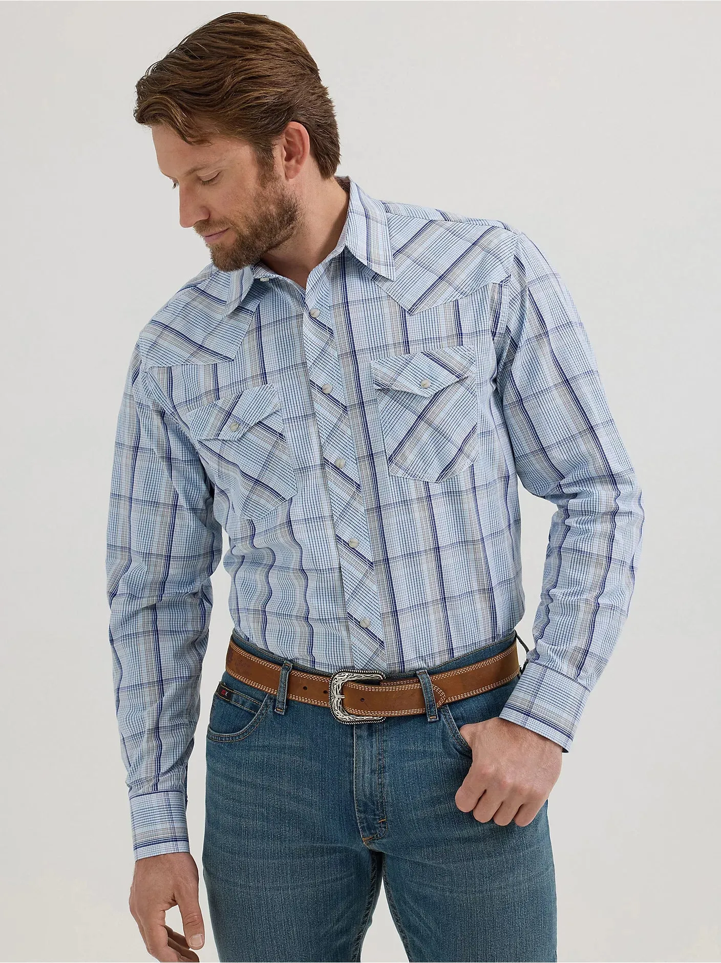 Wrangler Men's L/S 20X Competition Western Snap Shirt in Sky Plaid (Available in Tall Sizes) Non Restrictive Cut All Season Wear