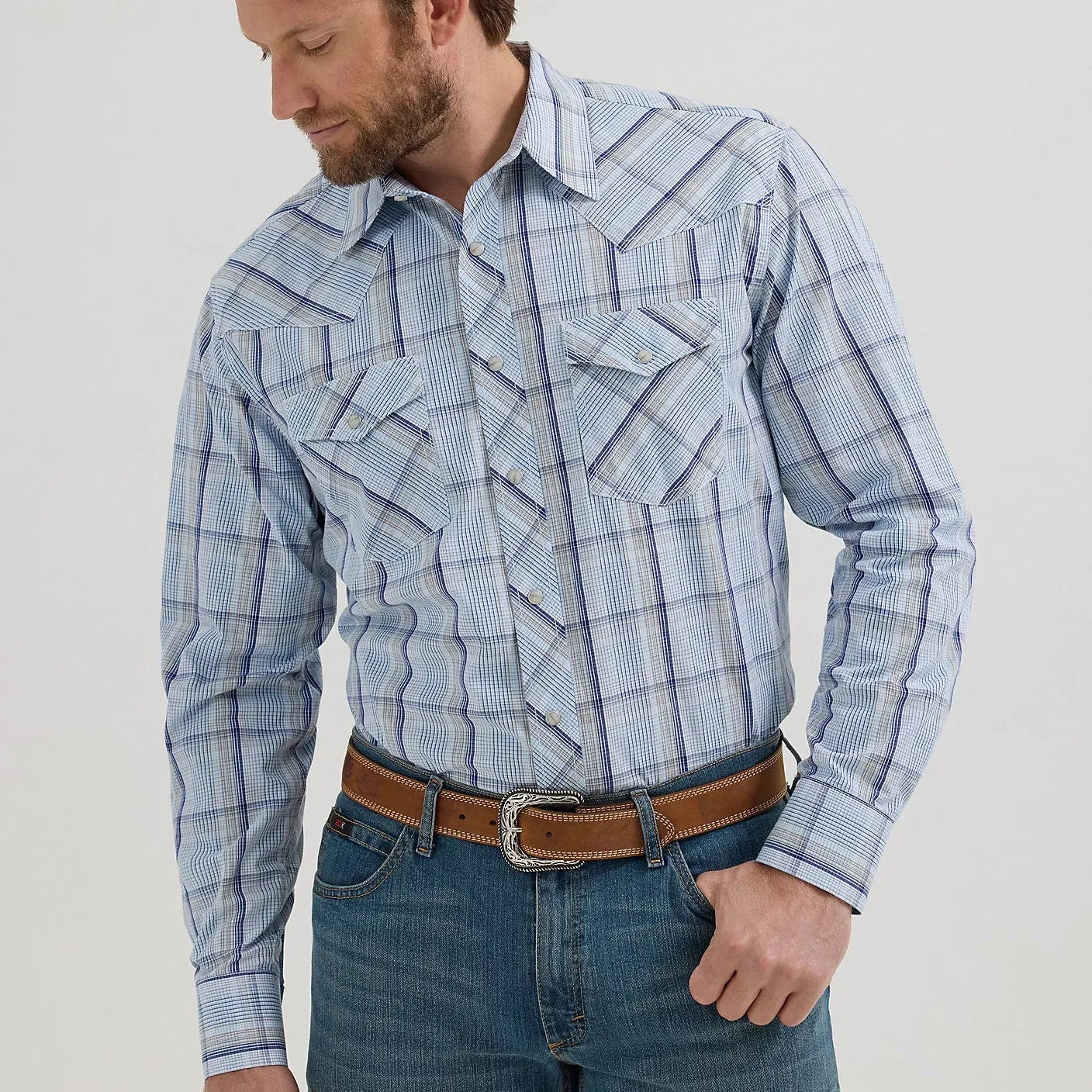 Wrangler Men's L/S 20X Competition Western Snap Shirt in Sky Plaid (Available in Tall Sizes) LowImpactDye Office Attire