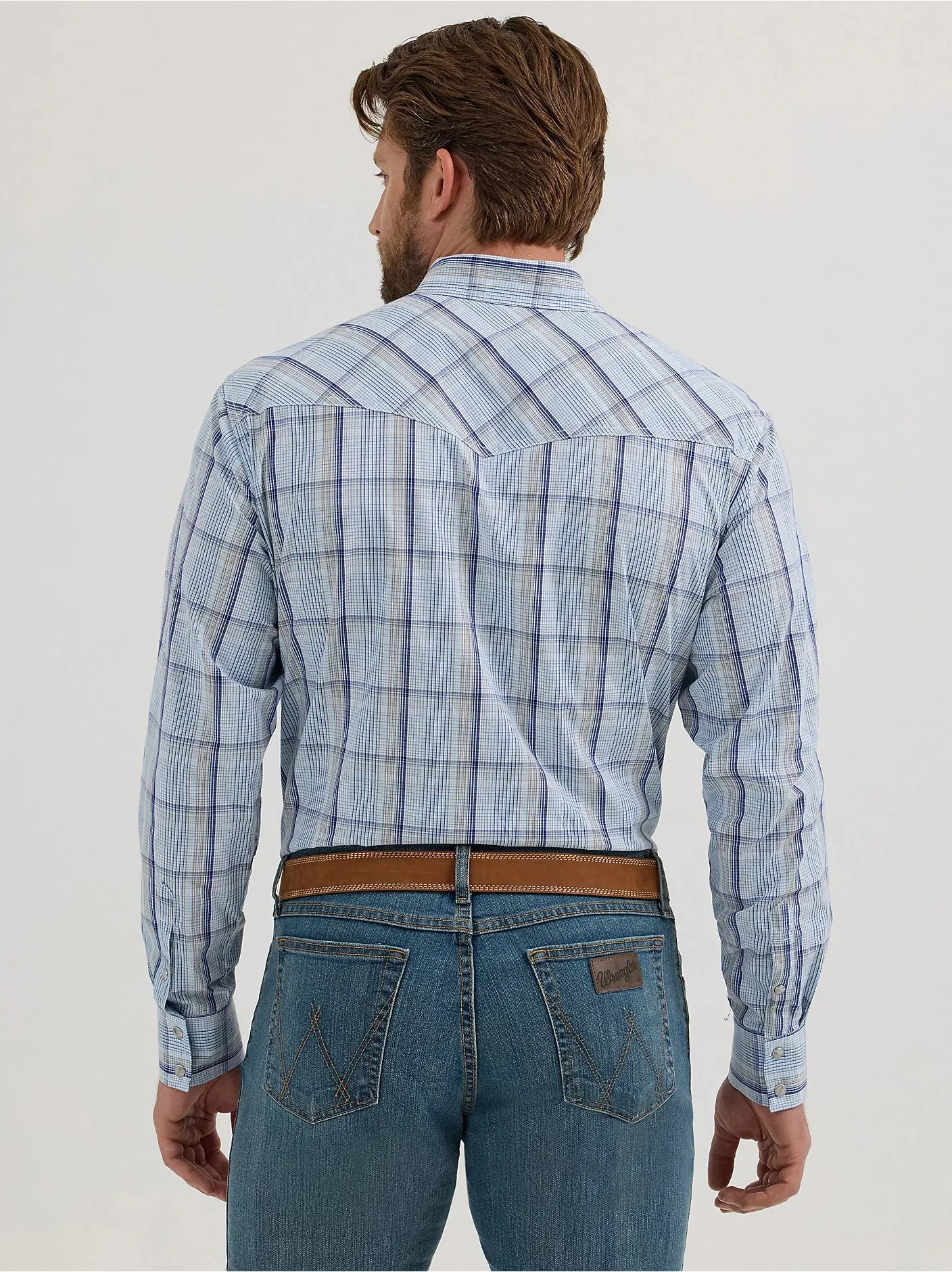 Casual Layer Look Wrangler Men's L/S 20X Competition Western Snap Shirt in Sky Plaid (Available in Tall Sizes)