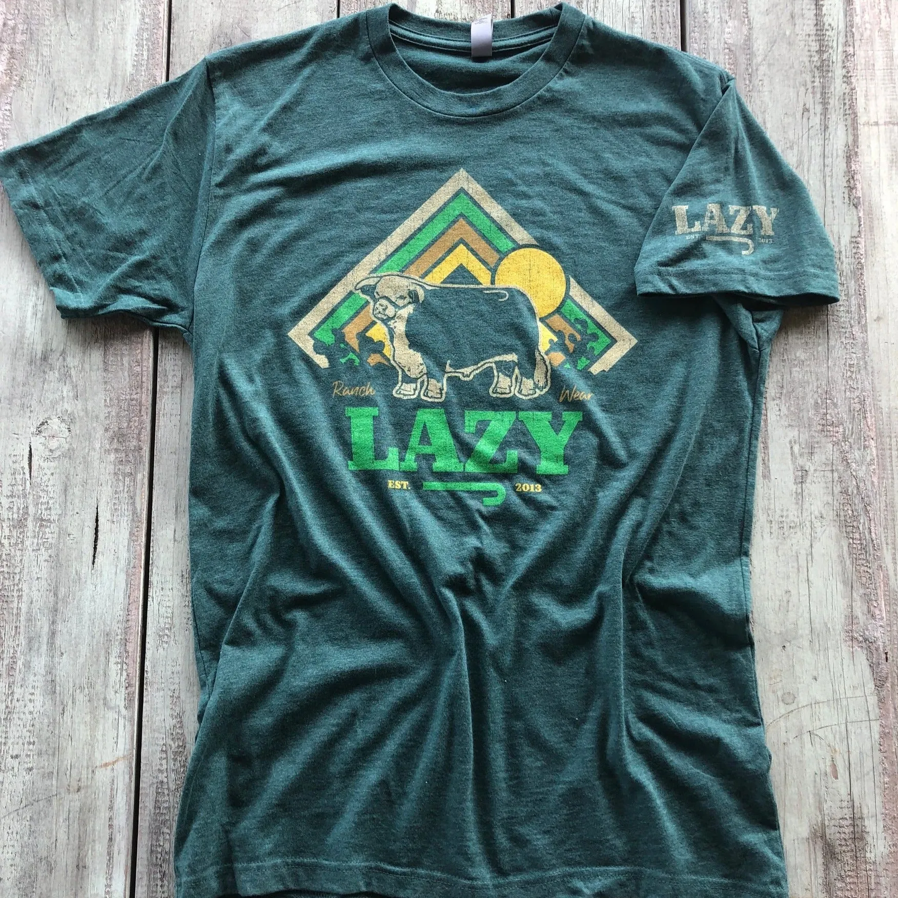 Lazy J Ranch Wear Cactus Sunrise Graphic Logo T-Shirt in Green Relaxing Fit
