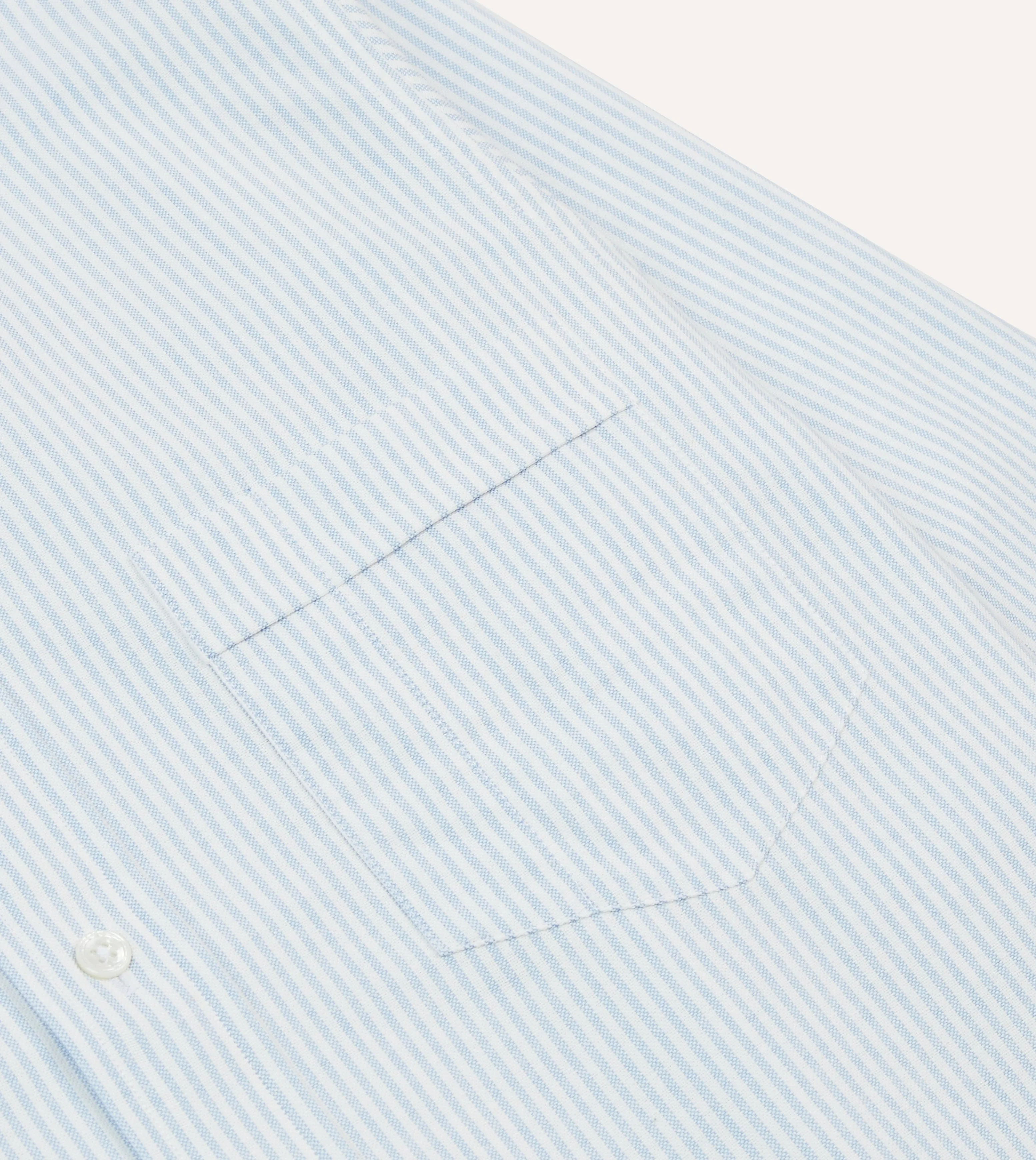 Comfort Stretch Light Blue and White Ticking Stripe Cotton Oxford Cloth Long Point Collar Shirt