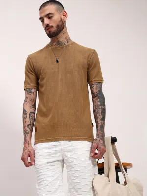 Men's Brown Solid Round Neck T-Shirt Night Out teens'