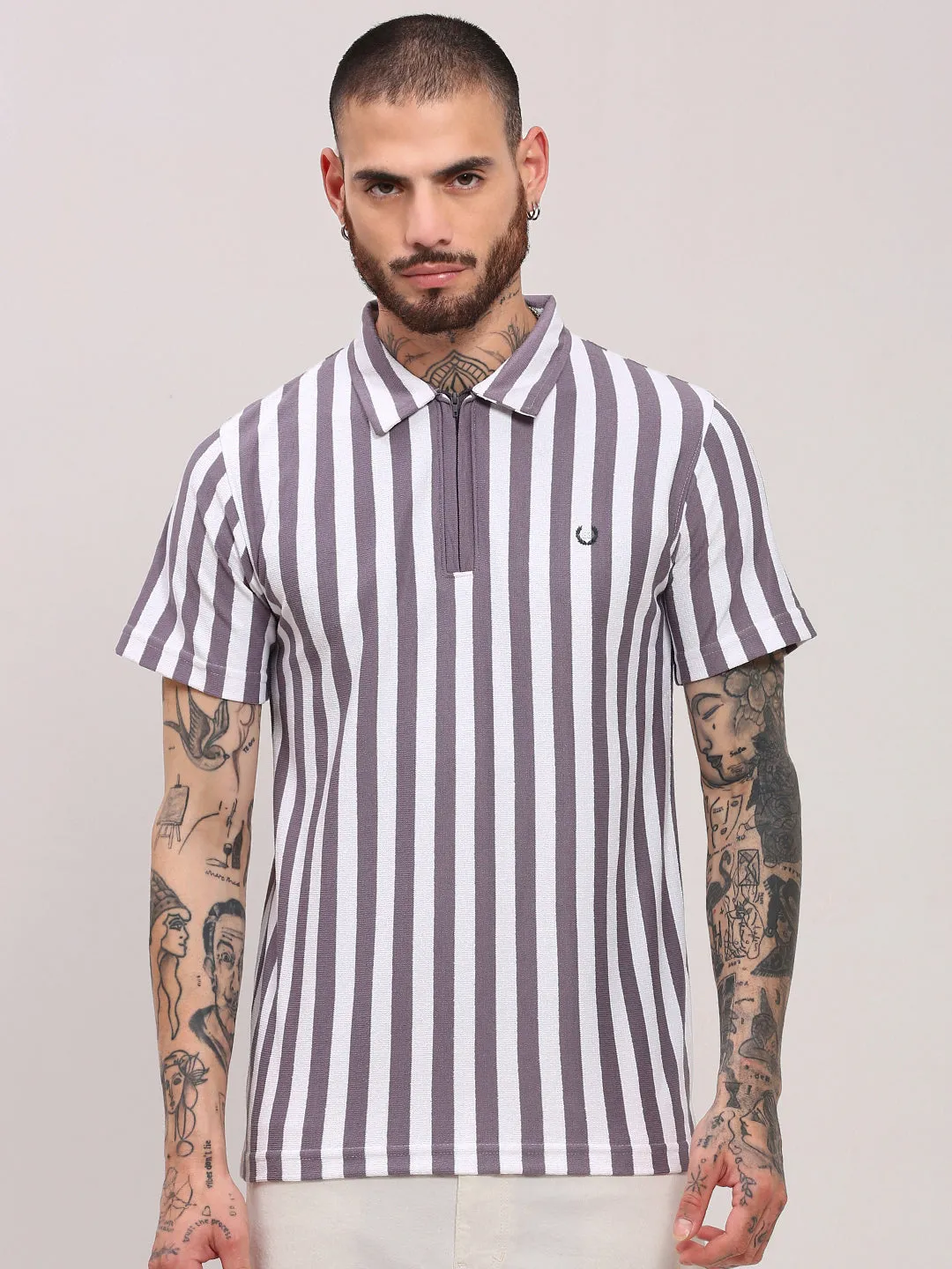 Party Ready Men's Purple Striped Polo Collar Cotton Casual T-Shirt
