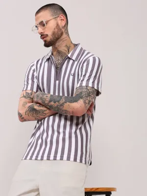 Men's Purple Striped Polo Collar Cotton Casual T-Shirt Soft Touch