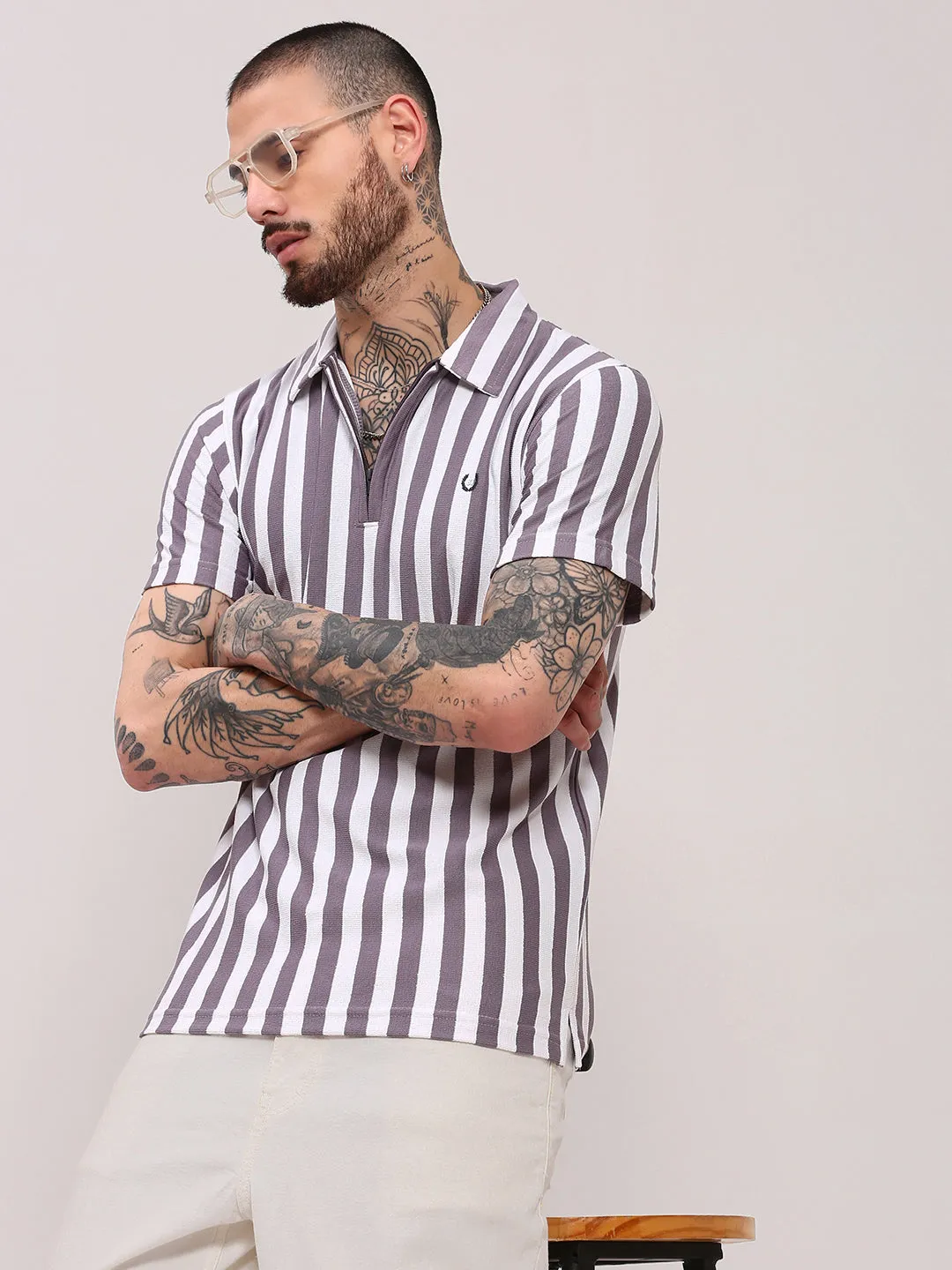 Men's Purple Striped Polo Collar Cotton Casual T-Shirt Soft Touch