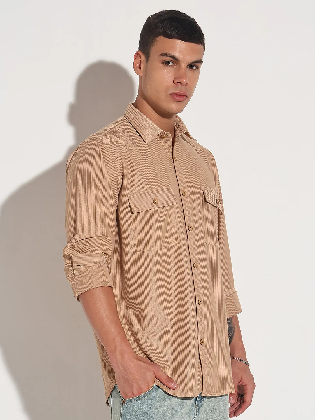 Men's Beige Corduroy Long Sleeve Regular Fit Shirt with Flap Pockets Simple Wear Heroine Glow