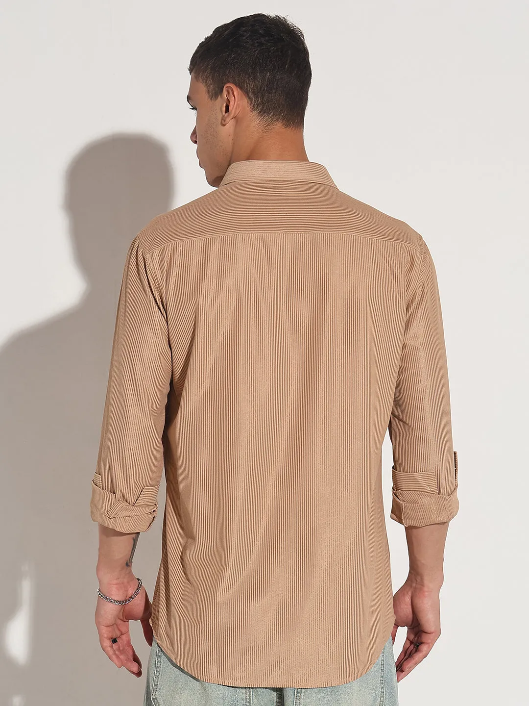 Stream Fit Men's Beige Corduroy Long Sleeve Regular Fit Shirt with Flap Pockets