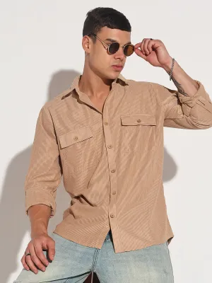 Men's Beige Corduroy Long Sleeve Regular Fit Shirt with Flap Pockets MachineWashable
