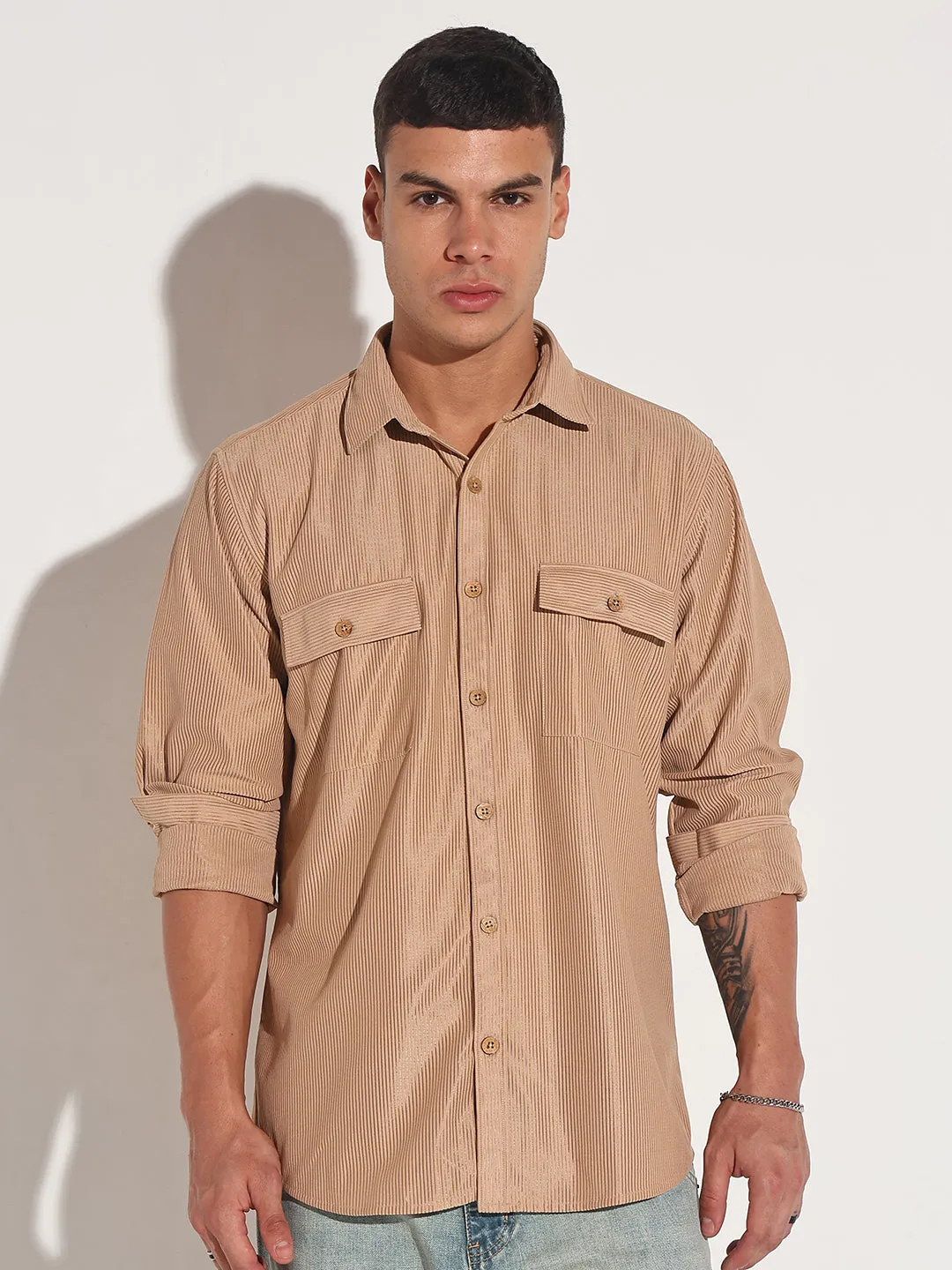 Men's Beige Corduroy Long Sleeve Regular Fit Shirt with Flap Pockets Formal Look Urban Chic