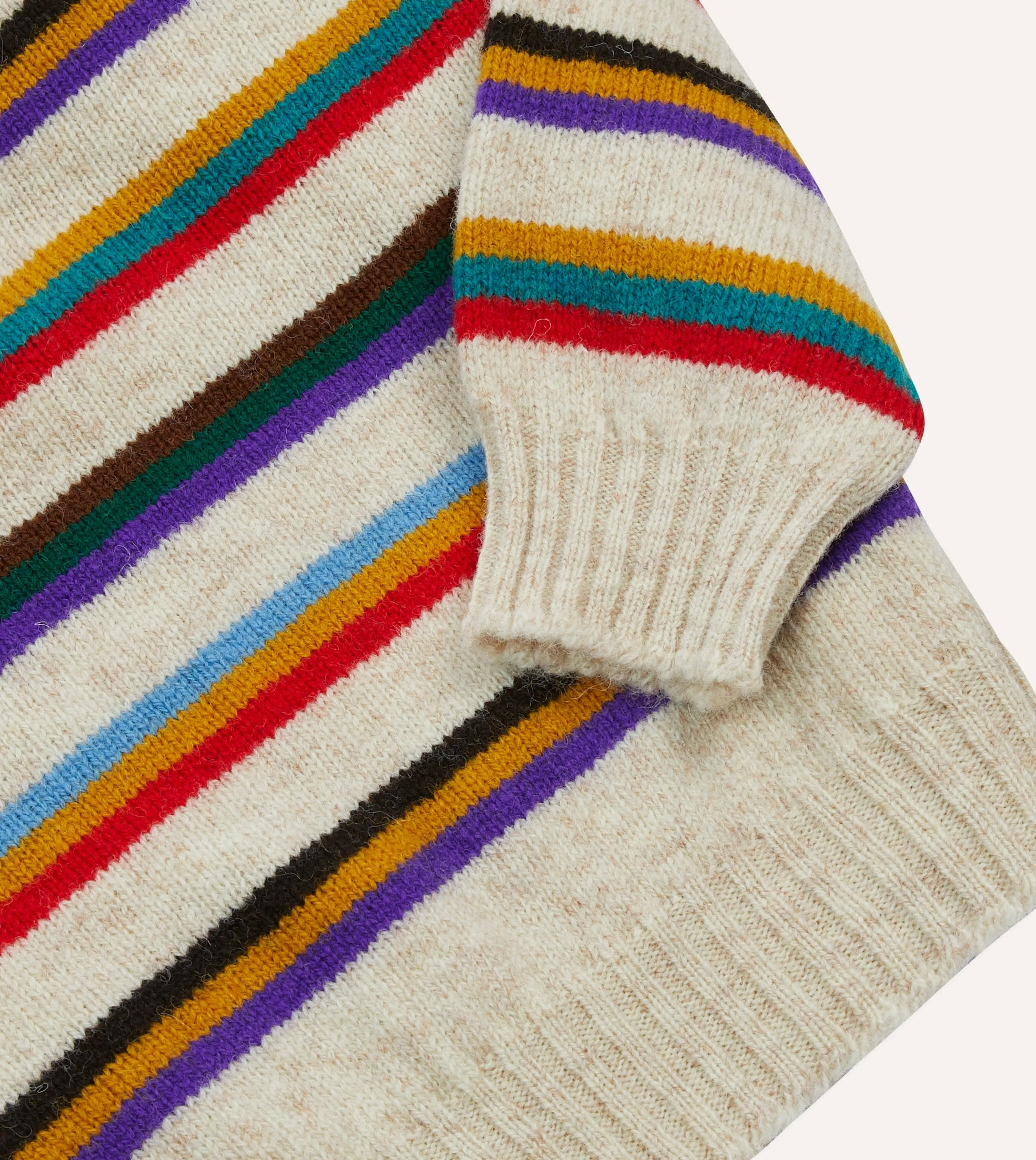 Brushed Inner Lining Ecru Multi Thin Stripe Brushed Shetland Crew Neck Jumper