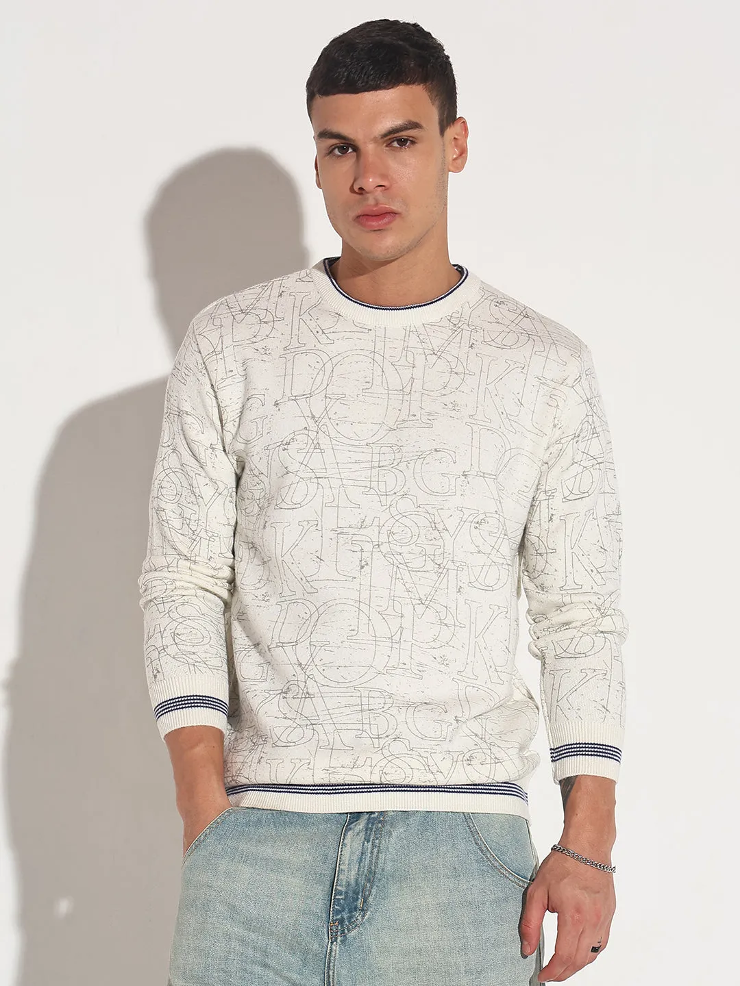 Men's Typography Off White Ribbed Round Neck Sweater Travel Comforted Thermal Insulation Layer