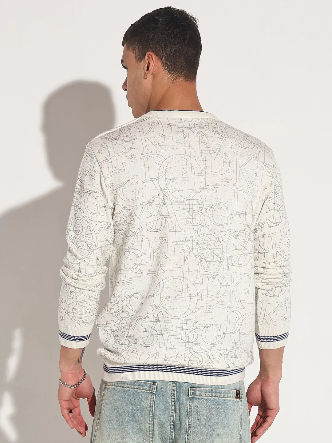 Men's Typography Off White Ribbed Round Neck Sweater Eco Friendly Dye Street Casual Style