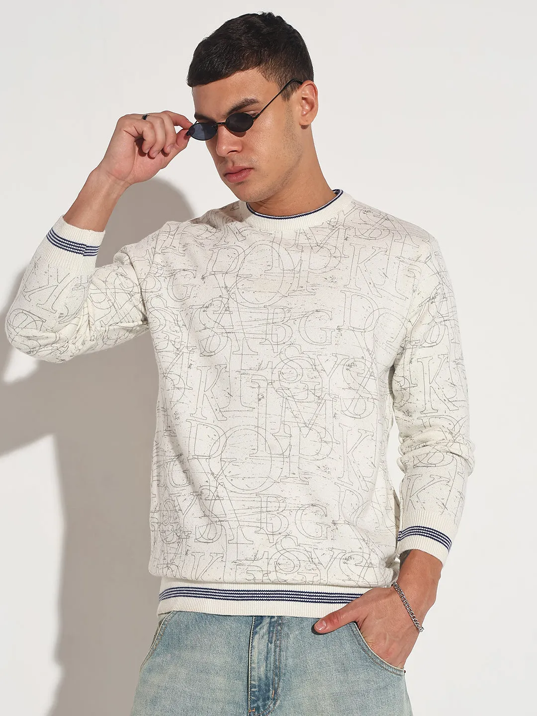 Men's Typography Off White Ribbed Round Neck Sweater Eco Conscious Manufacturing